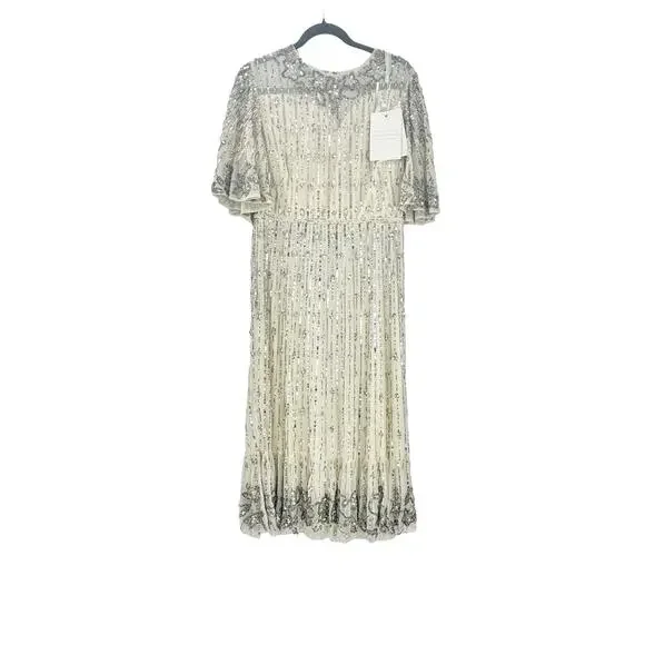 Mac Duggal Women's Nude Silver Sequined Flounce Sleeve Midi Dress Size 6 NWT - Picture 13 of 13